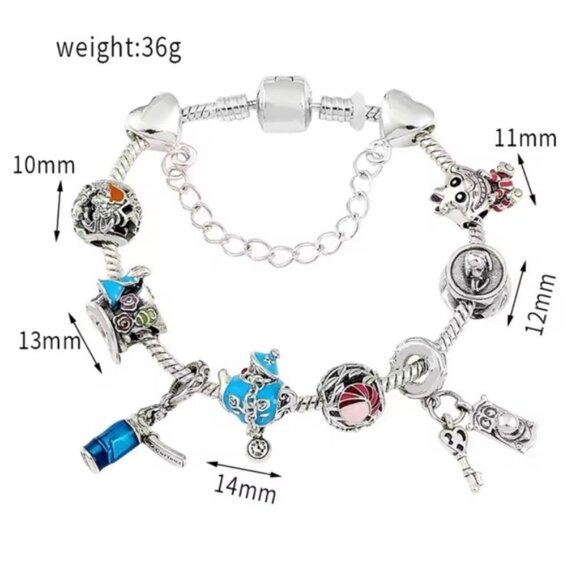 925 Sterling Silver Plated Alice In Wonderland Themed Loaded Charm Bracelet - Picture 6 of 6
